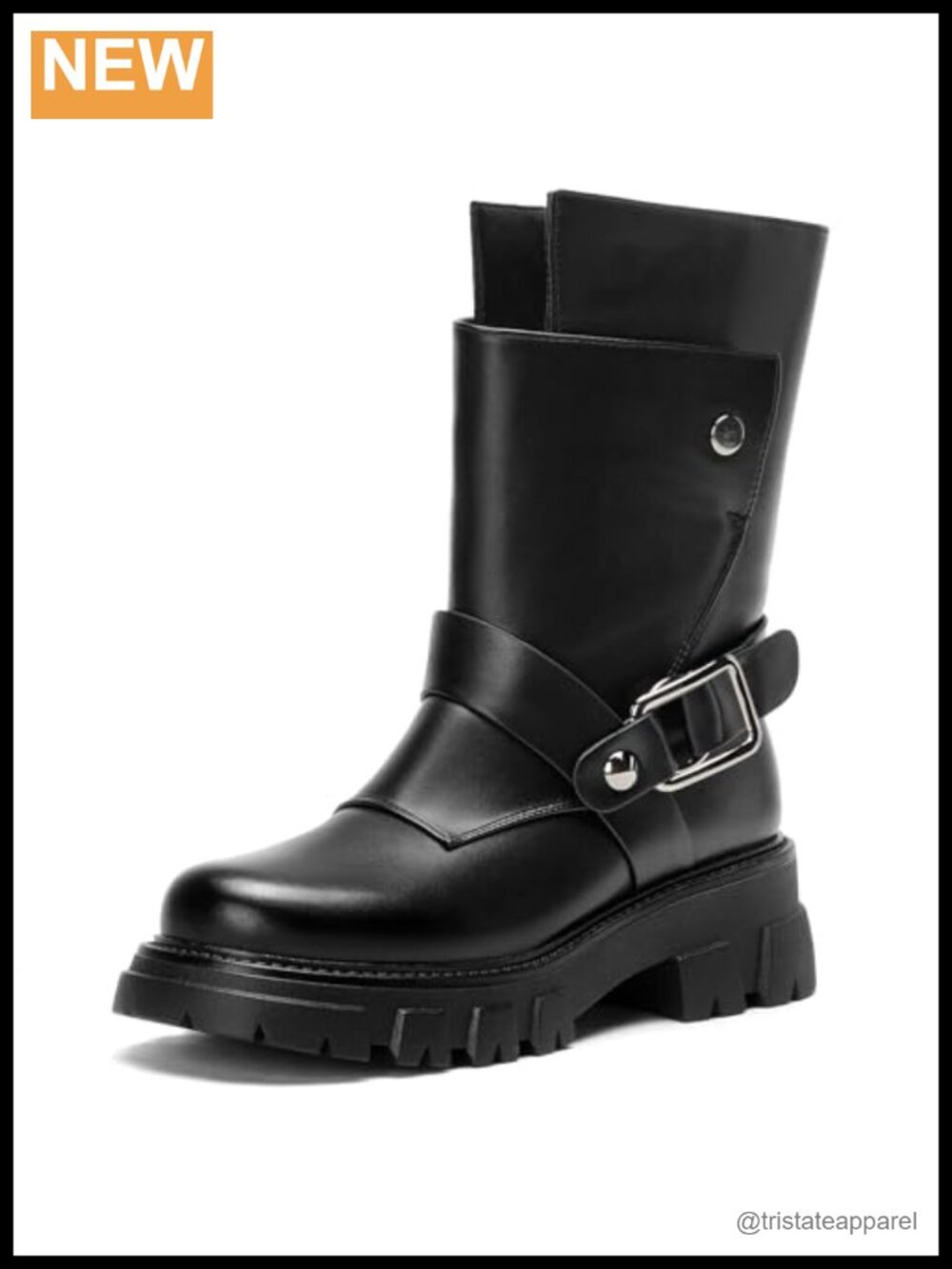 2.16" Heel Faux Leather Motorcycle Ankle Boots Lug Sole Side Zipper Biker Boots